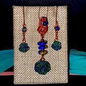 Handcrafted Resin, Glass bead & Gemstone Azurite & Krobo bead Pendant & Earrings